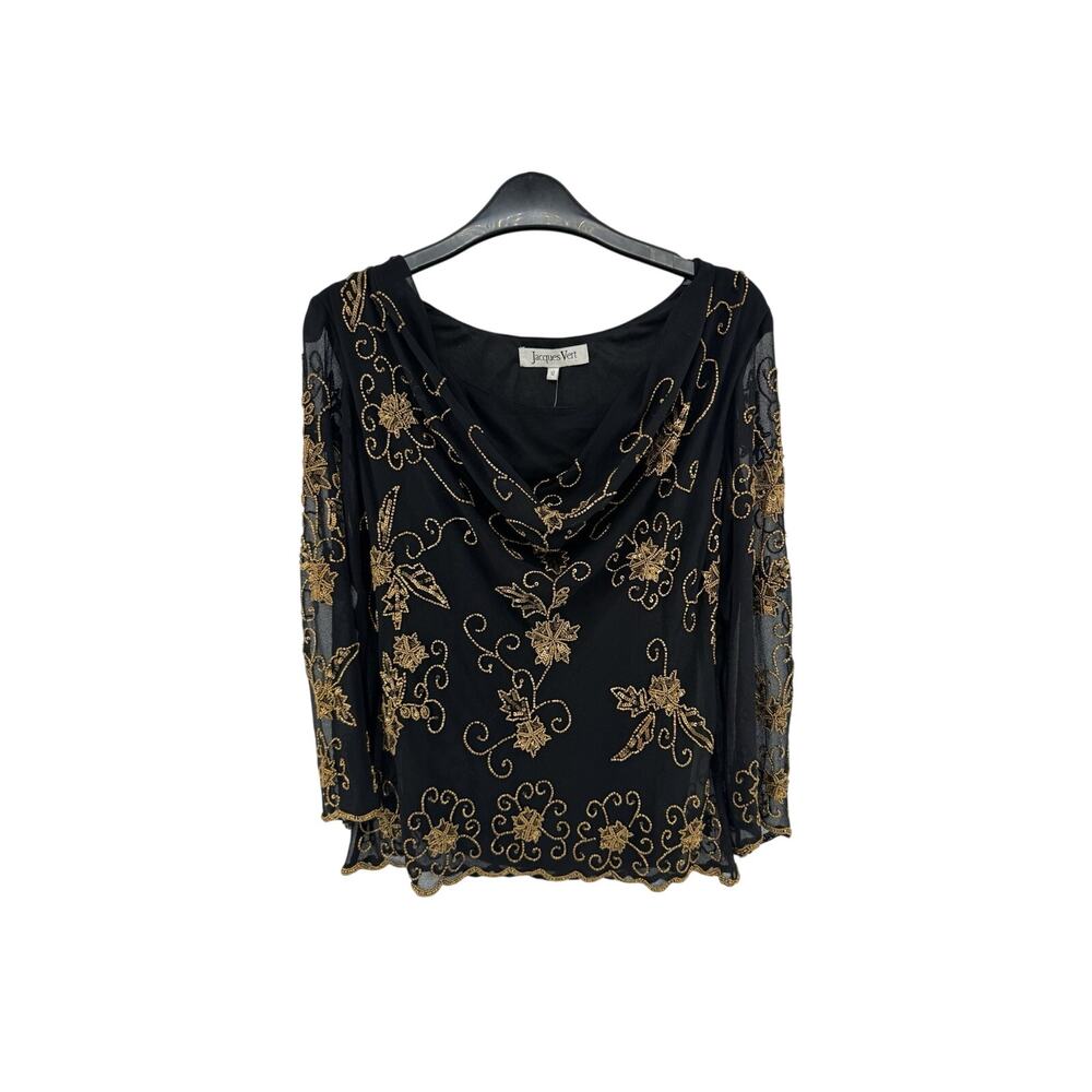 Jacques Vert Beaded Top Sheer Black Gold Beads Size 12 Vintage NWT Flawed